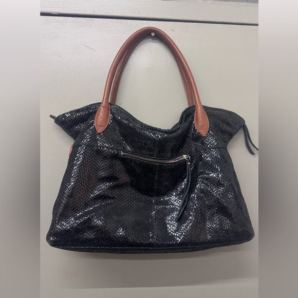 Sorial Metallic Black Leather Snakeskin Tote with Brown Leather Straps - Picture 3 of 8